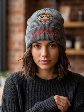 Ed Hardy Unisex Gray Beanie with Tiger Embroidery